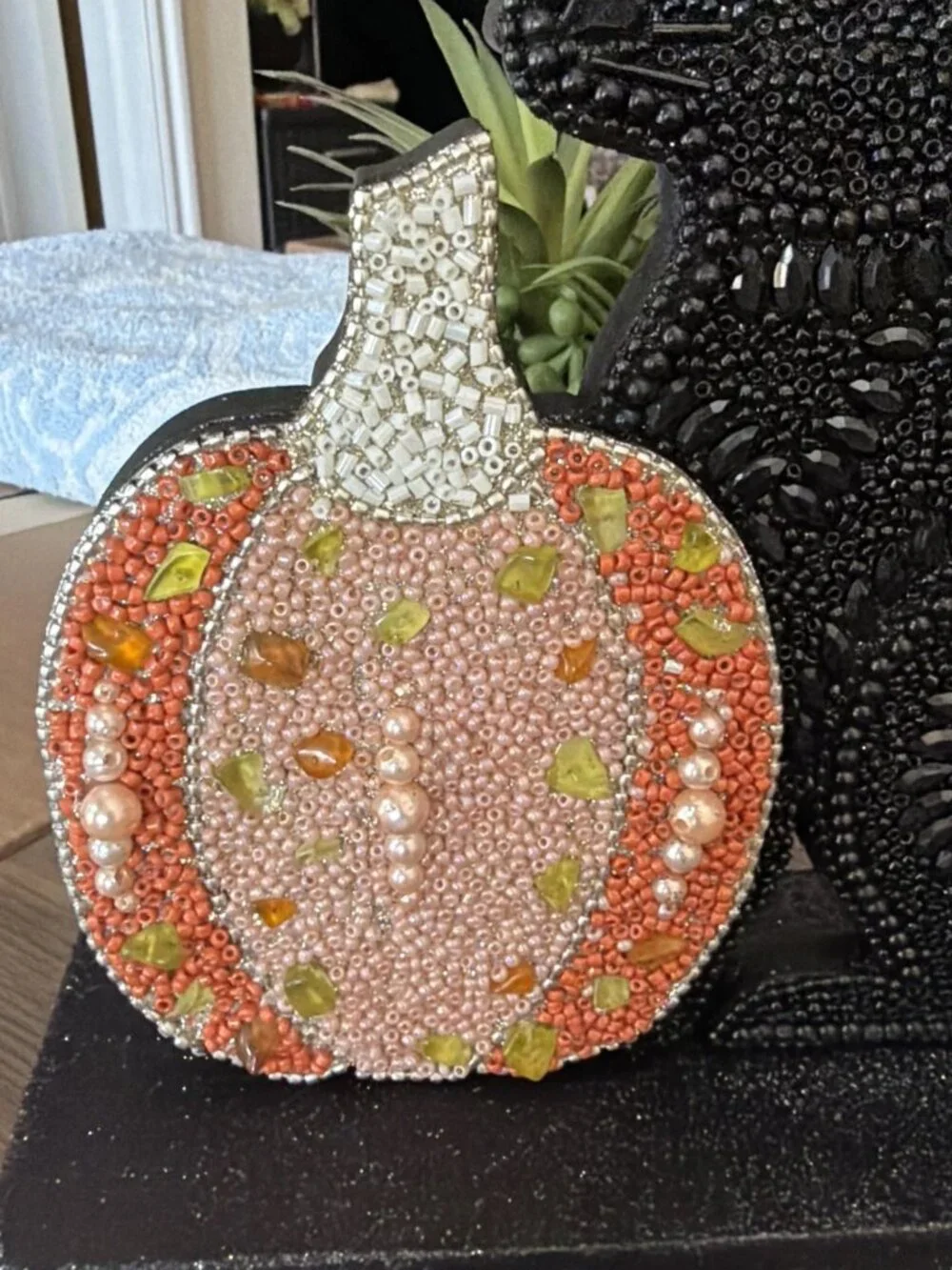 Embellished Beaded Black Cat & Pumpkin Tabletop Figurine - India